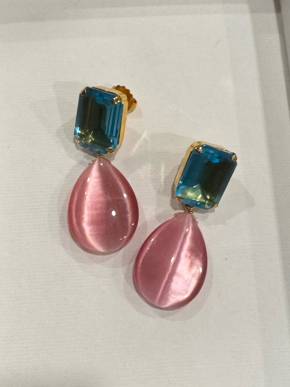 Gold Drop Earrings with Blue Crystal and Pink Teardrop Accent